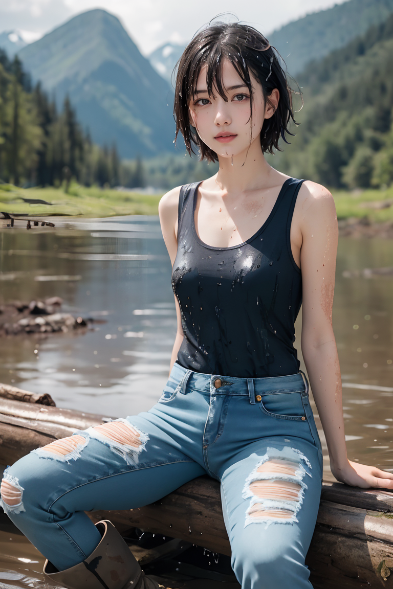 394187-2999227669-real human skin,RAW photo,young woman,sitting on a log,lake shore in the background,wet camouflage tank top,wet blue jeans,wet b.png